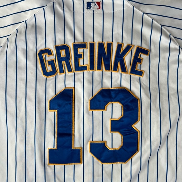 Vtg Majestic Milwaukee Brewers Zack Greinke #13 Men’s White Pinstripe Jersey 52 - Picture 3 of 6